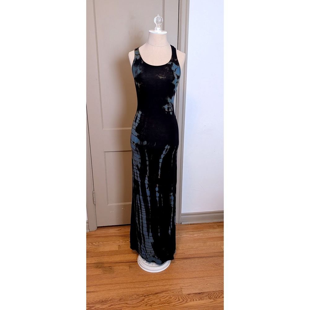GO Couture Tie Dye Tank Maxi Dress Boho Y2K Racerback Size Small USA Black Blue